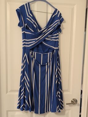 LOFT Blue and White Striped Fit-and-Flare Dress With Back Cut Out